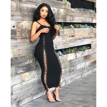 Echoine Spaghetti Strap Evening Party Long Dress Sexy Lady Night Club Dress Knitted Ribbed Vestidos Grommet Bandage Dresses